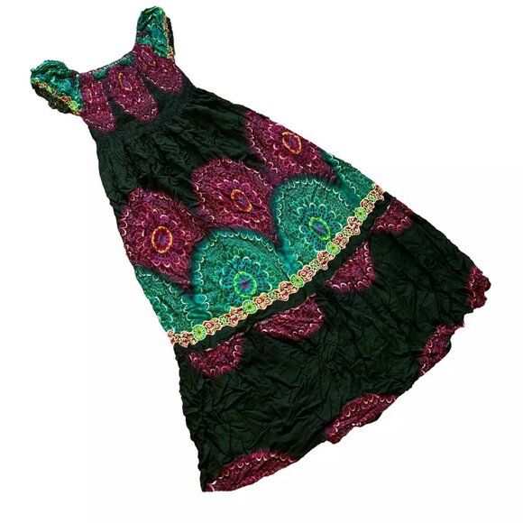 Boho Peasant Maxi Dress Cap Sleeve Mandala Print Smocked Bodice One Size Reg - Picture 3 of 5
